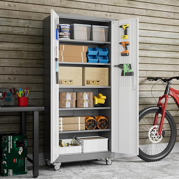 Aobabo 71" H x 32" W x 16" D Metal Storage Cabinet with Wheels, Garage Steel Storage Cabinet with 5 Adjustable Shelves and 4 Hooks for Home Office School, Assembly Required, Grey White