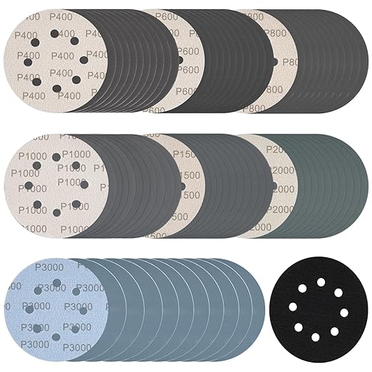 140Pcs 5 Inch Wet Dry Sanding Discs Hook and Loop 8 Holes Sandpaper 400/600/800/1000/1500/2000/3000 Assortment Grits for Orbital Sander Automotive Wood Metal Polishing