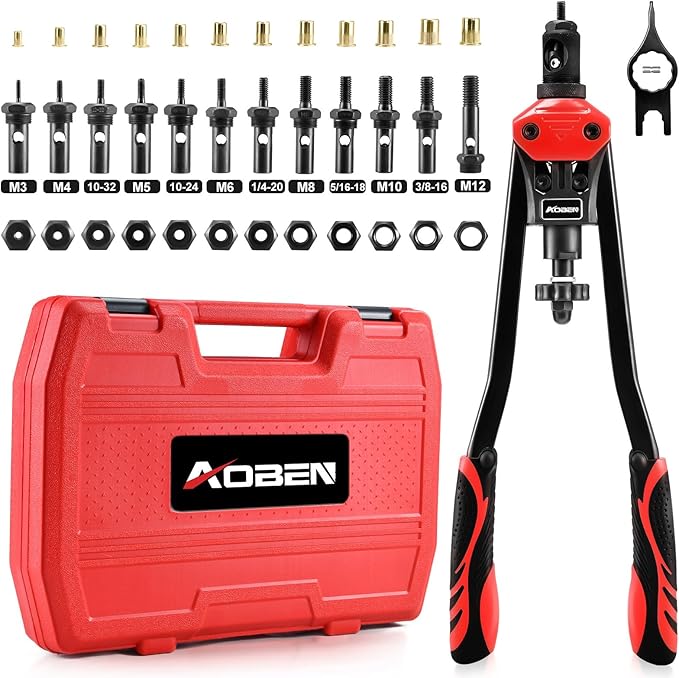 AOBEN 16" Rivet Nut Tool, Professional Hand Rivet Nut Setter Kit with 12 Interchangeable Metric & SAE Mandrels, 145Pcs Rivnuts and Rugged Carrying Case