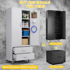 Aobabo 2 Large Drawer Metal Storage Cabinet with Wheels, Lockable Steel Storage Cabinet with 3 Adjustable Shelves with 6 Hooks for Home, Office, Garage, Classroom, White, Assembly Required