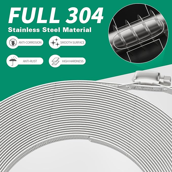 20FT Hose Clamps,304 Stainless Steel Hose Clamp Assortment Kit DIY Metal Strapping with Holes+10 Fasteners,Adjustable Worm Gear Large Hose Clamps Metal Band Screw Clamp Straps for Pipe,Duct,Tube