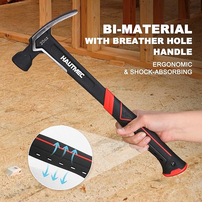 HAUTMEC 20 oz. One Piece Forged Framing Hammer With Straight Rip Claw Hammer, Milled Face, Shock-Absorbing Grip, with Magnetic Nail Holder, HT0371-HM