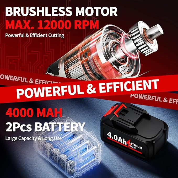 Cordless Angle Grinder Kit, 4-1/2" Power Angle Grinders with 2 * 4.0Ah Battery & 12000RPM Brushless Motor, Metal Grinder with Cutting Wheels, Electric Grinder Tool Set for Cutting, Grinding