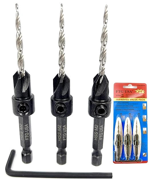 FTG USA Countersink Drill Bit Set 3 Pc #6 (9/64") with Tapered Drill Bits for Woodworking