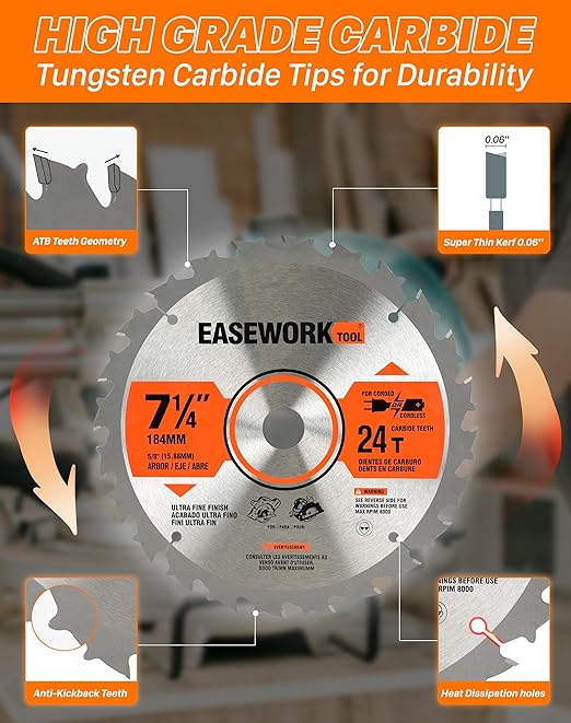 EASEWORK 7-1/4 Inch Circular Saw Blade, 24T, 5/8" Arbor, ATB Carbide Teeth, 10-Pack, Fast Crosscutting for Softwood & Hardwood, Fits SKIL 5280-01, DEWALT DCS570B, DCS577B, DWA171424