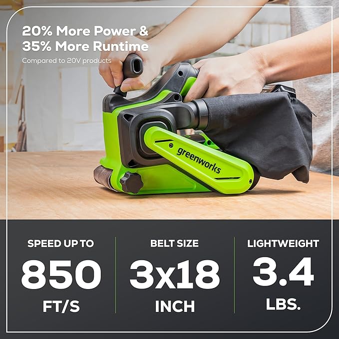 Greenworks 24V Brushless Cordless 3in. x 18in. Belt Sander Kit with Dust Bag and 60 Grit Sandpaper, Portable Battery Powered Belt Sander with 4Ah Battery and Charger