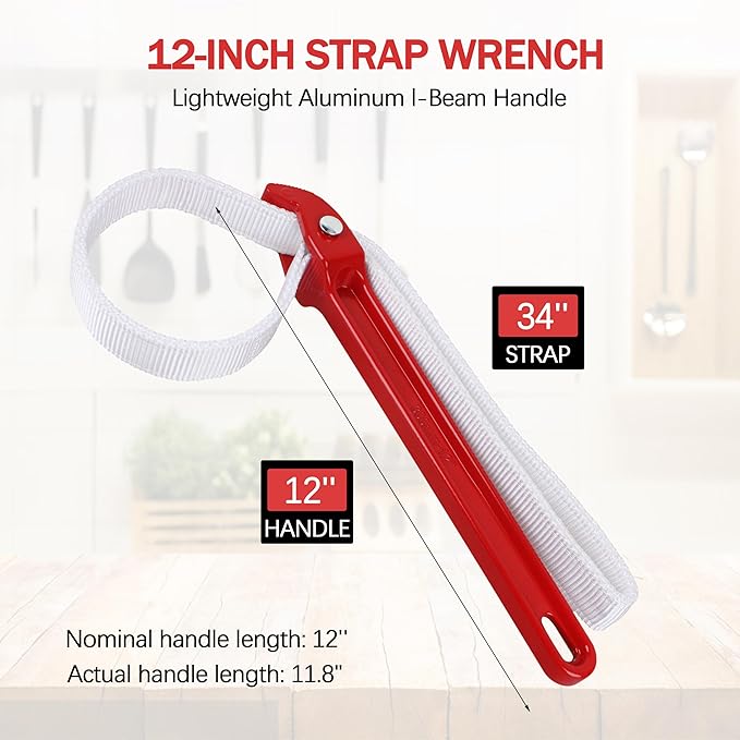 Strap Wrench/Adjustable Nylon Strap Pipe Wrenches 12" Aluminum handle Strap Opener Wrench for Dismantling Oil Filter，Nylon Strap Pipe Wrenchs for Use On Any Polished Pipe （Double nylon strap）