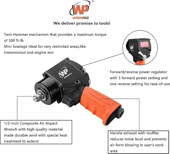 WORKPAD 1/2-Inch Mini Air Impact Wrench with Twin Hammers, Pneumatic Tools