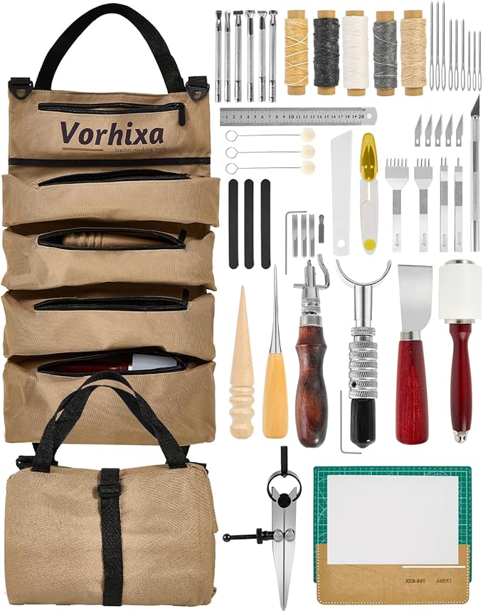 Vorhixa Leather Tooling Kit - Leather Working Tools & Stamps for Crafting, Cutting, Stamping, Sewing, Stitching, Engraving & Sanding - Complete Craft Kit for Adults and Begineers