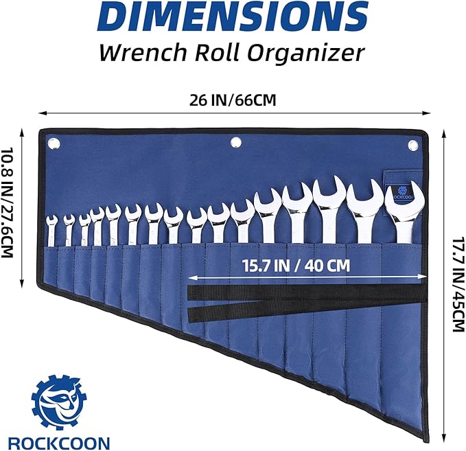 16 Pockets Wrench Roll Organizer, Rolled Tool Pouch Bag with Water Proof Oxford Cloth, Blue