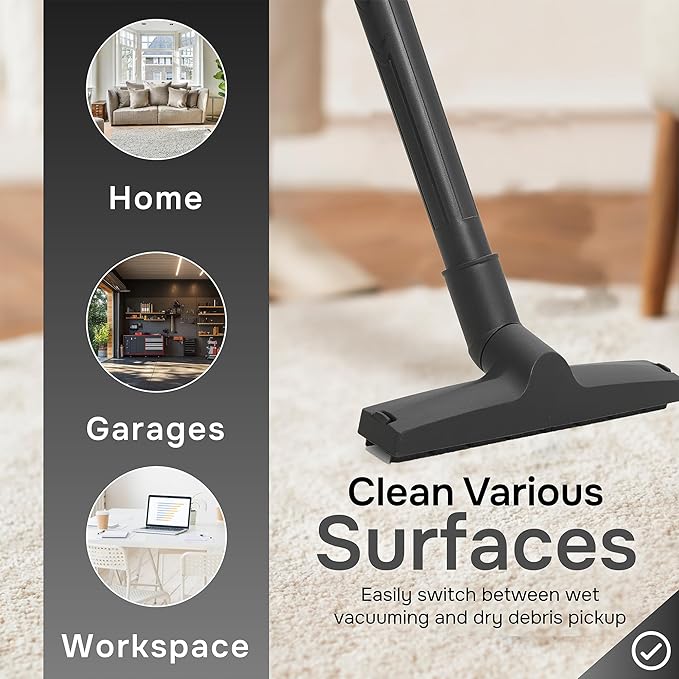 6 Gallon 3.0 Peak HP Wet/Dry Vacuum, Stainless Steel Tank, 3 in 1 Function Portable Shop Vacuum with Attachments, Ideal for Jobsite, Garage & Workshop.