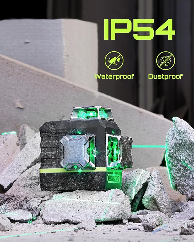 Laser Level Self Leveling 360°x3 Green Cross Line Laser Tool for Construction and Picture Hanging, Remote Control, Professional Magnetic Rotating Stand, 2 Rechargeable Batteries - LG-3Ds