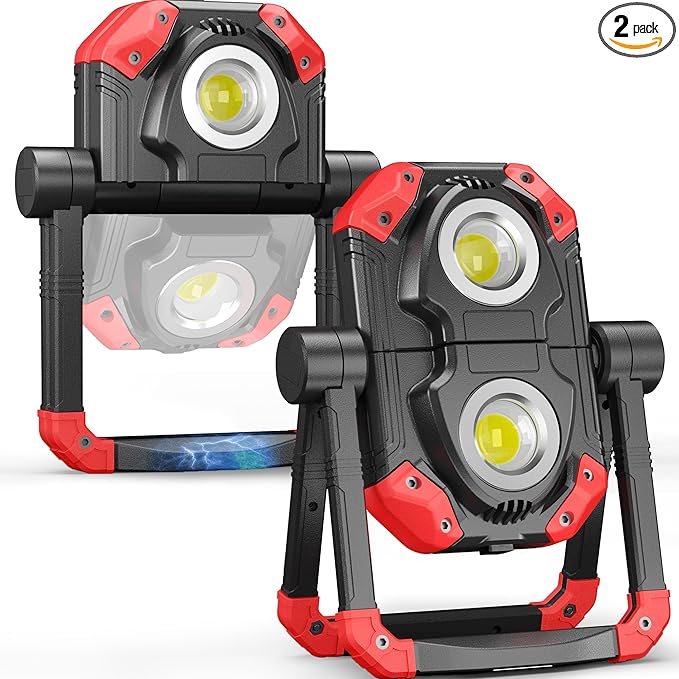 Adelante 2Pack Rechargeable LED Work Light with Magnetic Bases, 2500LM 6500K 12 Hours Long Lasting, Mobile Charger, 360°Rotating Stand Waterproof USB Portable Flood Light for Mechanics, Repairing