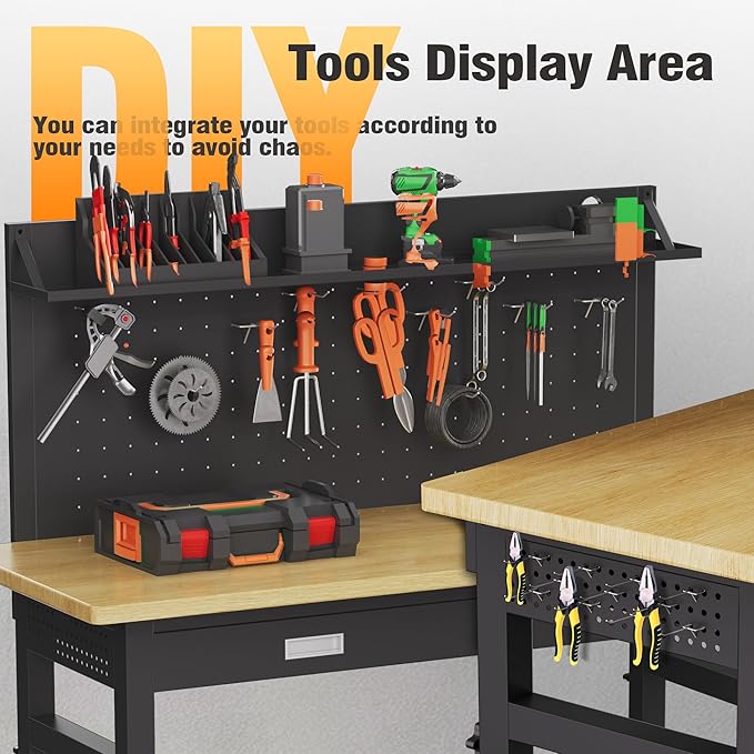 60" Heavy Duty Work Bench with Drawers, Adjustable Height 2000 Lbs Garage Workbench with Pegboard Pad & Power Outlets & Wheels, Mobile Tool Work Table for Workshop Woodworking Home Office