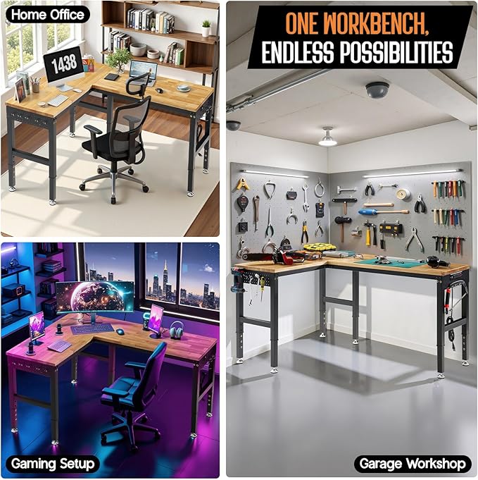 SPECRAFT 68"x48" L-Shaped Workbench with Power Strip, Adjustable Height Heavy Duty Work Table with Pegboard, 6000LBS Load Capacity, Industrial Wood Top Workstation for Garage, Workshop, Home Office