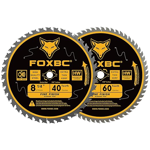 FOXBC 8-1/4 Inch Table Saw Blade 40 Tooth, 60 Tooth Fine Finish Wood Cutting with 5/8" Arbor, Diamond Knockout