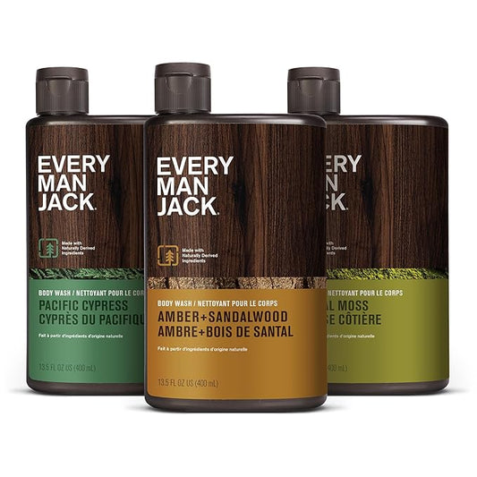Every Man Jack Hydrating Mens Body Wash - Cleanse, Nourish, and Hydrate Skin with Naturally Derived Ingredients - Paraben Free - Amber + Sandalwood, Pacific Cypress and Coastal Moss - 3pk-VeraVaultWomen