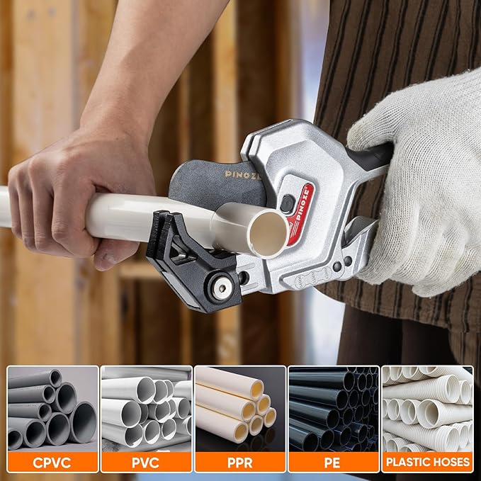PVC Pipe Cutter, 3-Gear Adjustable Cut up to 2-1/2”, Ratchet Pipe Cutter Tool Heavy-Duty for PVC, PPR, PE, PEX, Plastic Hoses & Plumbing Pipes with Teflon Coated SK5 Blade
