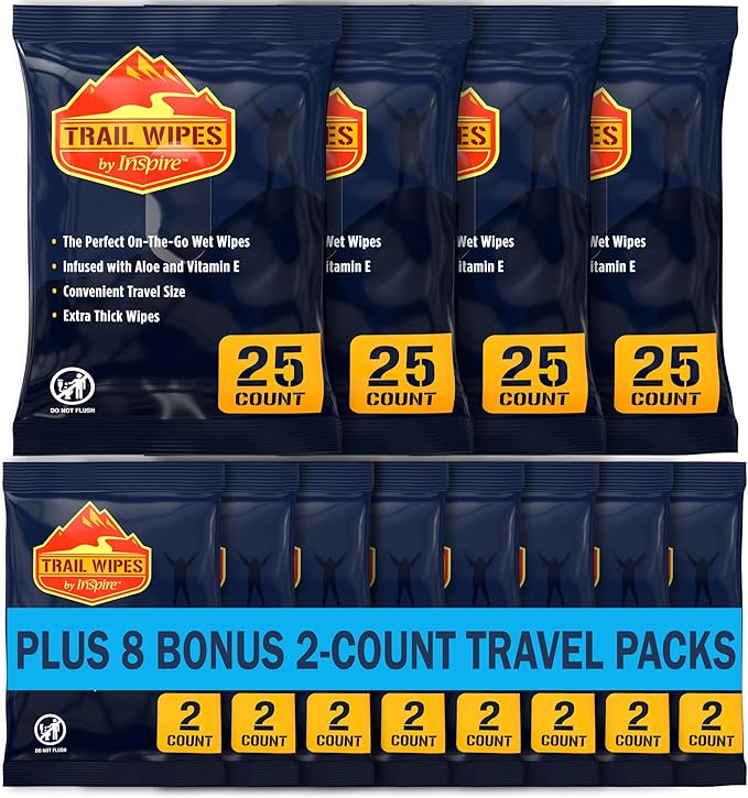 Inspire Trail Wipes | Camping Wipes Body Wipes Adults | Biodegradable Wipes For Camping, Travel, Gym With Aloe And Vitamin E | No Rinse Bathing Shower Wipes Women Or Men