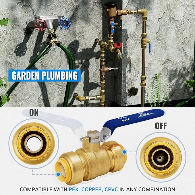 Shut Off Ball Valve 1 Inch, SUNGATOR 1 Inch Ball Valve, Push-to-Connect Water Shutoff wsith Blule Handle, No Lead Brass Plumbing Fittings for PEX Pipe, Copper, CPVC, Pack of 2