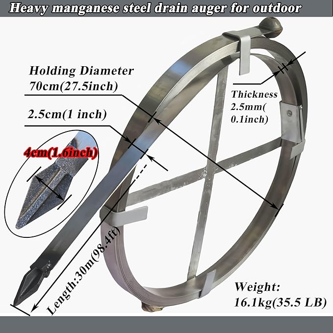 Heavy Duty Sewer Drain Snake for Outdoor,Flat,Manual,Length 30m/98.4ft,Width 2.5cm/1inch,Thickness 2.5mm/0.1inch,Manganese Steel Plumbing Snake Tool