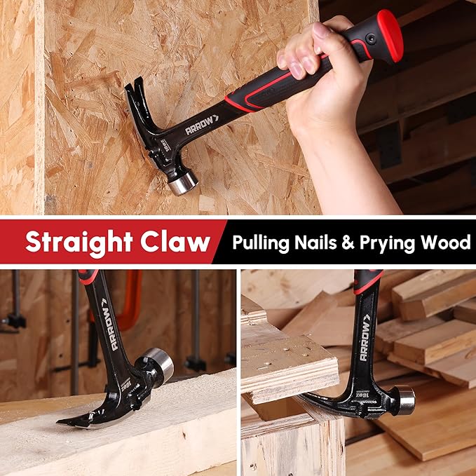 ARROW 16 oz Straight Claw Hammer, Rip Claw Hammer with Side Nail Puller, Milled Face & Shock Absorbing Grip, One-piece Forged Hammer