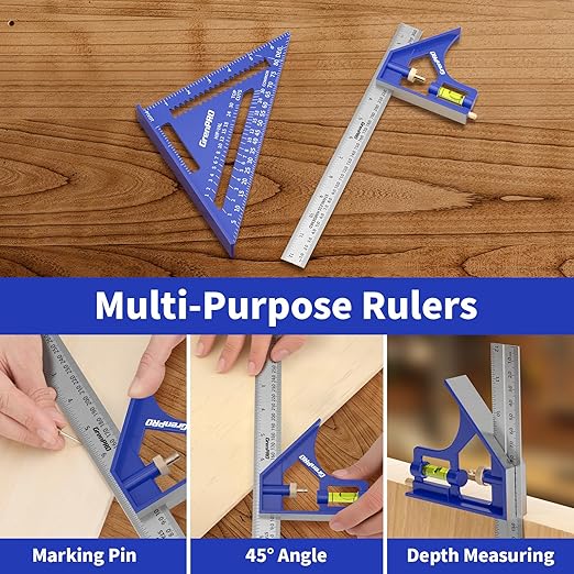 Square Combination Woodworking Tools, 7inch Carpenter Square Wood Working Tools and Accessories, 12inch Square Ruler, Includes Small Bubble Level, Protractor Angle Ruler Carpentry Tool