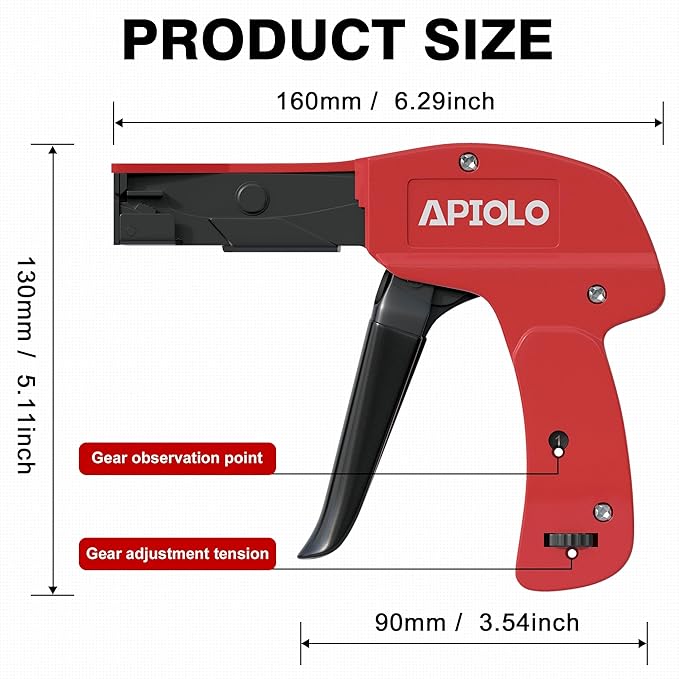 Zip Tie Gun, Cable Tie Gun with Cutting and Fastening, Adjustable Tension 1-3 Setting, Red, 6.29 Inches Length
