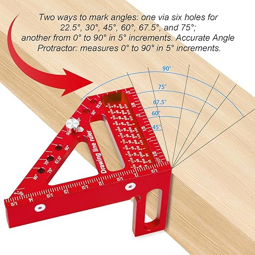 Premium Versatile Multi-Angle Carpenter Square Measuring Ruler for Woodworking, Engineering, and Construction (22.5-90 Degrees with Angle Pin) (Red)