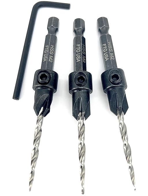 FTG USA Countersink Drill Bit Set 3 Pc #6 (9/64") with Tapered Drill Bits for Woodworking