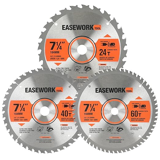 EASEWORK 7-1/4 Inch Circular Saw Blade, 24T, 40T, 60T, 5/8" Arbor, ATB Carbide Teeth, 3-Pack, Ideal for Softwood & Hardwood Crosscutting, Fits DEWALT DCS570B, DCS577B, DWA171424, Diablo D0740A