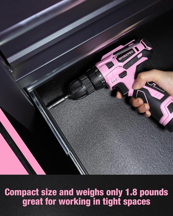 WORKPRO Pink Cordless Drill Driver Set, 12V Electric Screwdriver Driver Tool Kit, 3/8" Keyless Chuck, Charger and Storage Bag Included - Pink Ribbon