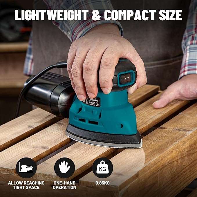 DLS03A Detail Sander, 1.1 Amp Hand Sander with Dust Collector, 12000 RPM Compact Palm Sander with 12 Pcs Sanderpapers, Low Vibration, Lightweight Hand Sander for Wood and Steel Surface