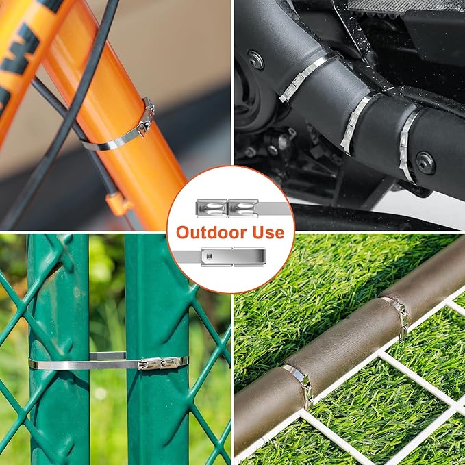 Metal Zip Ties (200PCS 11.8 Inch), 304 Stainless Steel, 300 LBS Heavy Duty Double Headed Self-locking Multi-Purpose Cable Ties for Exhaust Wrap, Chain Link Fence Parts, Machinery, Cables, Farms, Roofs