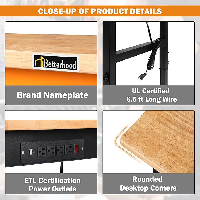 Adjustable Height Workbench, 60" Rubber Wood Top Heavy Duty Workstation with Power Outlets, 2000 LBS Load Capacity Hardwood Worktable for Workshop, Garage, Office, Home, Commercial