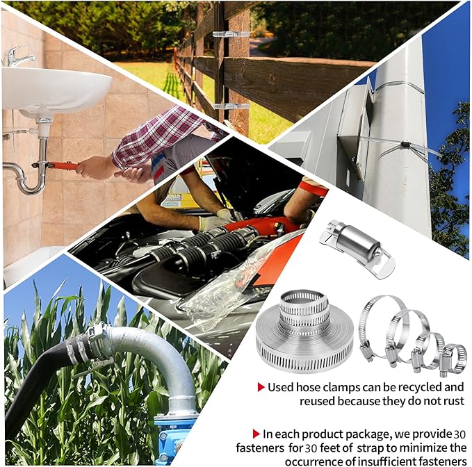 Hose Clamps 30FT Strap+30 Fasteners,DIY Cut-To-Fit 304 Stainless Steel Adjustable Large Worm Gear Band Clamp Assortment Kit,Metal Screw Fasteners and Strapping for Pipe,Duct,Pole,Tube