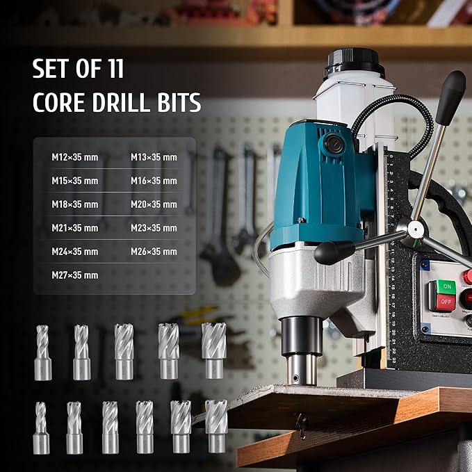 ZELCAN 1100W Mag Drill Press, Portable Magnetic Drill Press with 1.6" Boring Diameter, Heavy Duty Magnetic Drill with 11 Drill Bits, 2700 lbf 550 rpm Electric Drilling Machine with All-Copper Motor