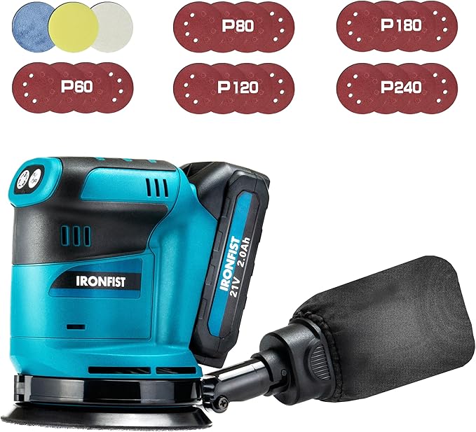 IRONFIST Random Orbit Sander, 5inch Sander Compatible with MAKITA 18V Batteries, 3 Speed 7000/9500/11000opm Adjustable with Dust Bag, Include 2000mAh Battery & Charger & 23pcs Accessories