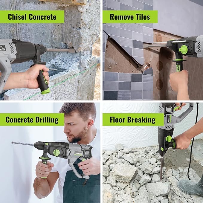 WORKPRO Premium 1-1/4 Inch SDS-Plus Rotary Hammer Drill, 7.5AMP, Lightweight Corded Version for Concrete Demolition Chipping Rotomartillo, 5 SDS-Plus Bits