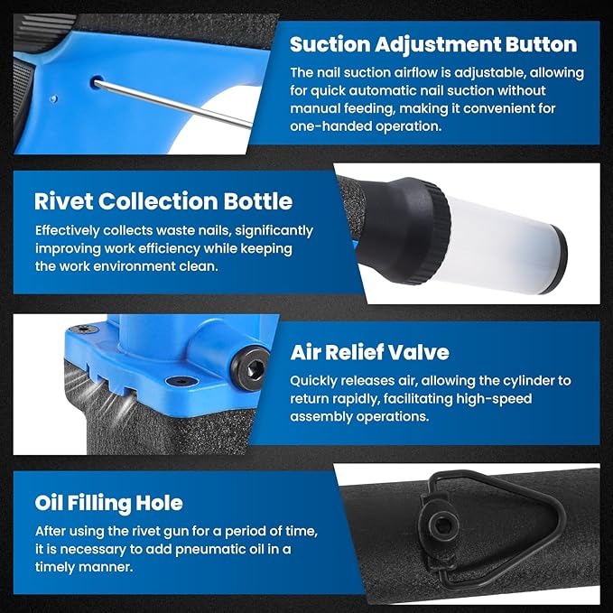 Pneumatic Rivet Gun Air Pop Riveter Tool Kit with 3/32", 1/8", 5/32", 3/16" Rivet Nozzles, Self-Suction Pneumatic Riveting Gun, Upgraded Air Riveter Hydraulic Pop Riveting Rivets Tool