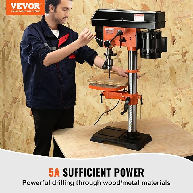 VEVOR 12 in Benchtop Drill Press, 5 Amp 120V, Variable Speed Cast Iron Bench Drill Press, 12 in Swing Distance 0-45° Tiltling Worktable with Laser Work Light, Tabletop Drilling Machine for Wood Metal