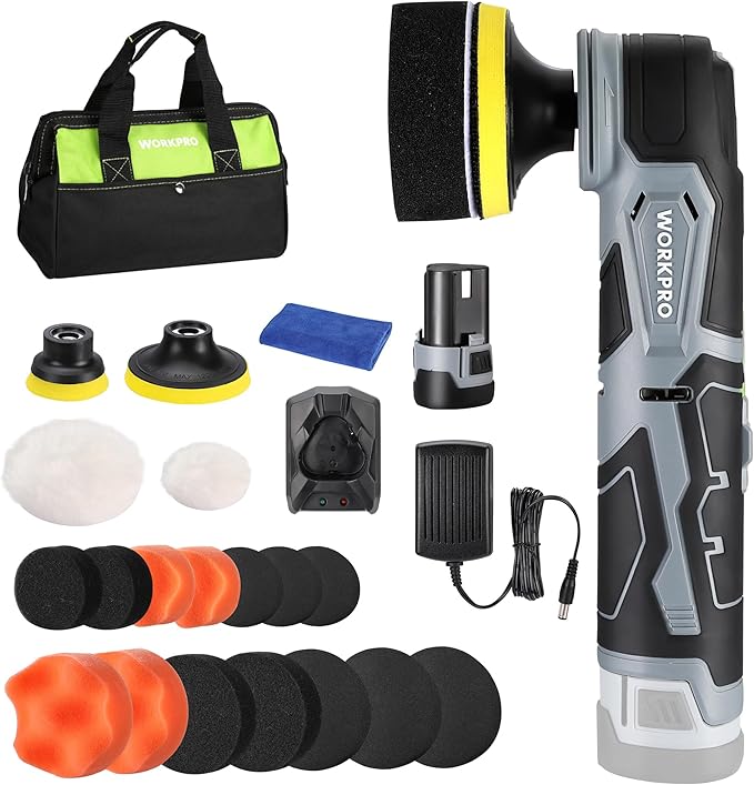 WORKPRO Cordless Mini Buffer Polisher, 12V Buffer Polisher for Car Detailing, 5 Variable Speed Up to 3000RPM, Compact Cordless Polisher Kit for Waxing, DIY Projects, Furniture Polishing