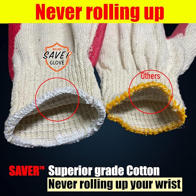 SAVER Non-Slip Red Work Gloves for Construction Latex Rubber Palm Coated - Premium Daily Safety Work Gloves