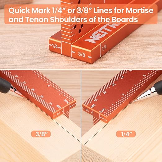 Neitra Square Ruler with Fixed Angle Pin, Accurate Compact Aluminum Alloy Squares with Laser Etched Markings for Carpenter Woodworking Furniture Projects (Orange, 7 Inch)