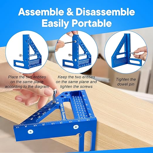 Premium Versatile Multi-Angle Carpenter Square Measuring Ruler for Woodworking, Engineering, and Construction (22.5-90 Degrees with Angle Pin) (Blue)