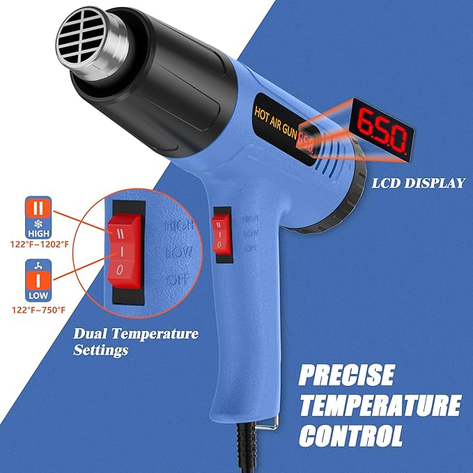 Heat Gun for Vinyl Wrap,Shrink Tubing,Paint,Epoxy Resin,Candle Making,Adjustable Temperature,Overload Protection Hot Air Gun Kit Nozzles(Side Temp Display + Stepless Temp Control)
