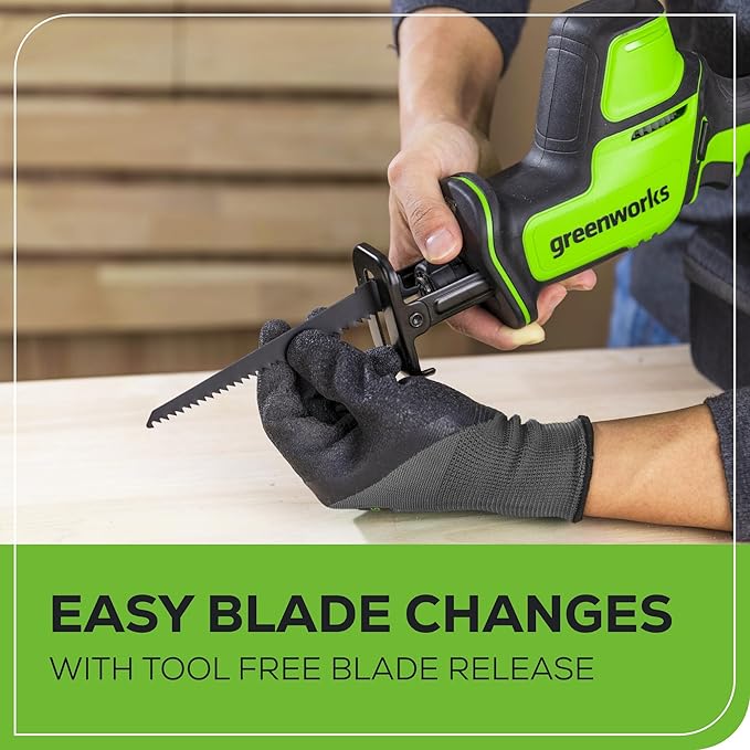 Greenworks 24V Brushless Cordless Reciprocating Saw,1" Compact One-Handed Recip Saw(3,000 SPM),Variable Speed, 2.0Ah Battery and Compact Charger Included,‎ RSG404