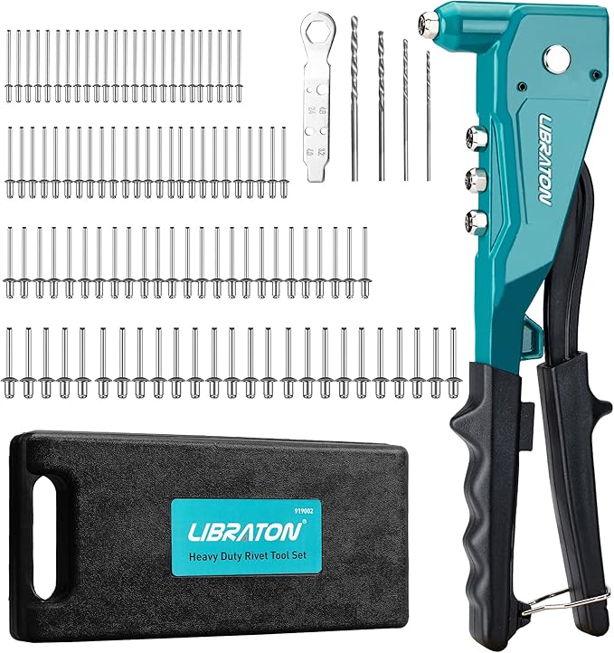 Libraton Heavy Duty Rivet Gun, Pop Rivet Gun Set, Professional Hand Riveter, Manual Riveting Tool with 110Pcs Rivets and 4 Interchangeable Heads, for Metal, Wood and Plastic