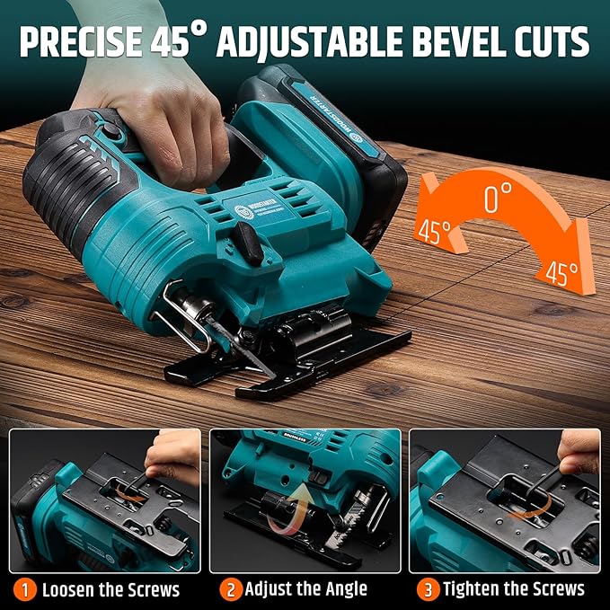 Cordless Jigsaw for Makita 18V, Brushless, 1000-2900SPM, 4-Position Orbital, 65mm Wood/Metal/PVC Cutting, Vacuum, LED Light, T-Shank Blade, with Battery & Charger, 0°-45°Bevel Cuts