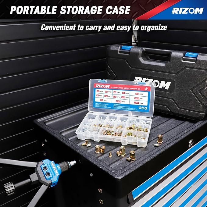 Rizom Rivet Nut Tool, 16” Rivnut Tool Kit with 13 Metric and SAE Mandrels, Threaded Nutsert Tool, 168PCS Rivet Nut Assortment Kit in Organized Carrying Case